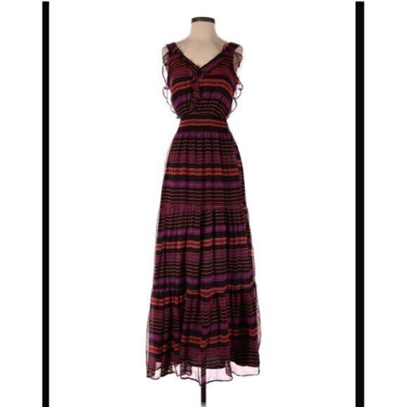 Aryn K V-Neck Sleeveless Striped Maxi Dress Size XS Silk Ruffles Burgundy - Picture 2 of 10